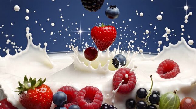 Fresh fruits drop into milk, creating dynamic splashes and vibrant turns. The kitchen backdrop provides a lively atmosphere for this colorful display.