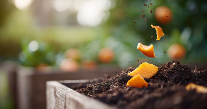 Organic orange peel composting in garden soil