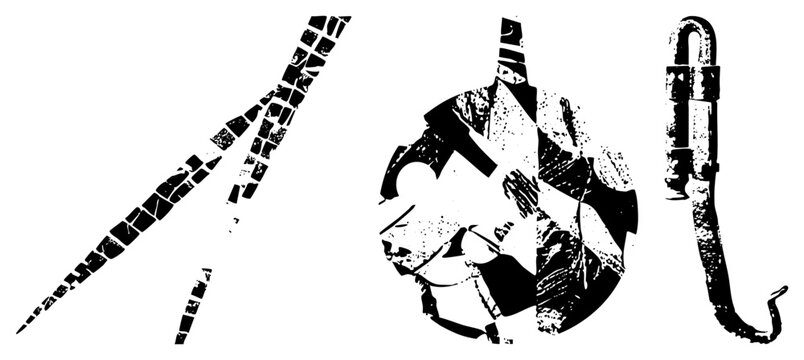 Rugged industrial in distressed b&w stencil spanner, cog, meat hook. Gritty workshop vibe. Ideal for edgy branding or punk streetwear with raw mechanical energy.
