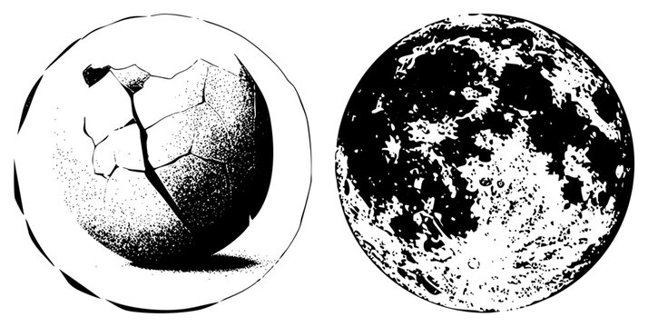 Shattered moon globe cratered lunar surface in stark halftone evokes mystery, decay, cosmic wonder. Ideal for mythic or space themed branding/posters.