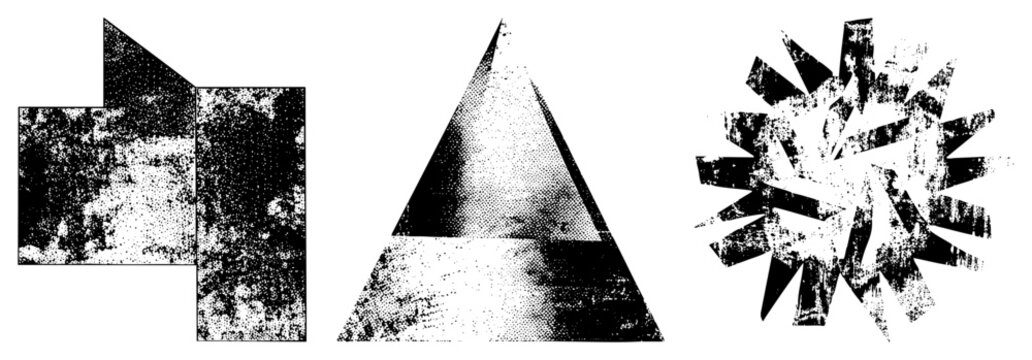 Rugged halftone triangles, splintered starbursts in gritty stencil style &ldquo;grit glyphs&rdquo; or &ldquo;ink splotch &rdquo; for punk/ posters. Raw, high contrast vectors scream rebellion, street art.