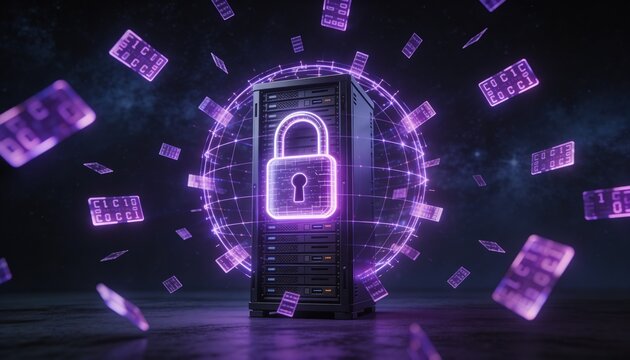 Violet glowing padlock energy field encasing a dark server rack, floating purple encrypted data fragments, minimalist clean 3D render, dark cosmic futuristic backdrop, vivid color scheme, logo-free