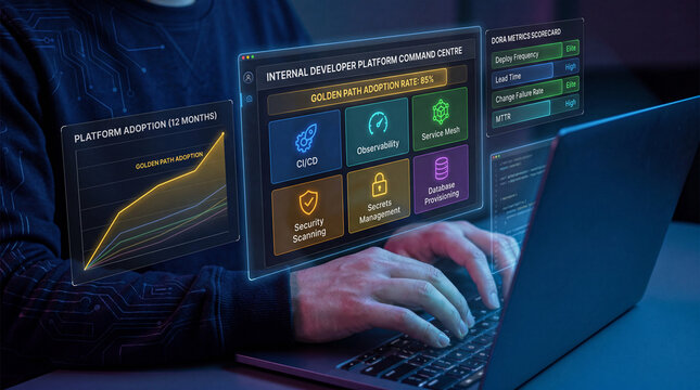 Developer managing internal platform command centre with CI/CD, DORA metrics, and observability dashboard &mdash; platform engineering, DevOps automation, and software delivery optimization