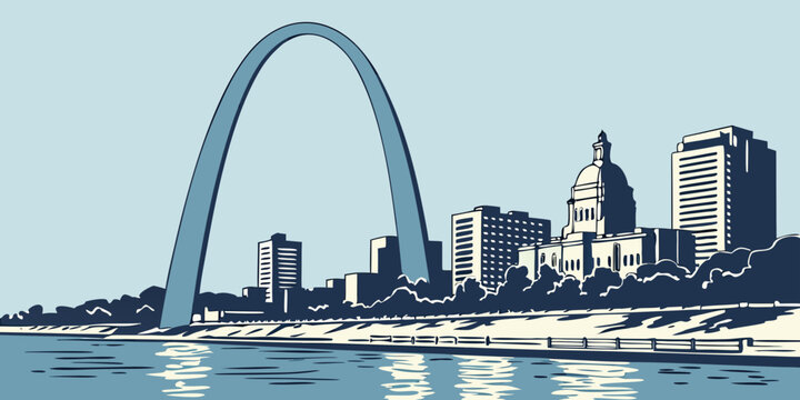 Illustrate the Gateway Arch in St. Louis, with a clear blue sky, the Mississippi River in the foreground, and a hopeful New Year ambiance, capturing the grandeur of a U.S. architectural icon
