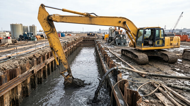 Slurry trench cutoff wall being excavated with a long-stick backhoe under bentonite