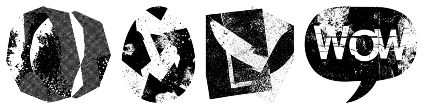Distressed vector symbols featuring abstract geometric forms, vintage comic style speech bubble, gritty aesthetic, urban street art influence, stencil like cutouts.