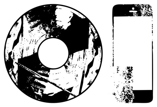 Scratched disc & phone in gritty B&W skid lid meets pocket tech. Ideal for retro playlists or digital detox. Analog nostalgia, modern screen ready.