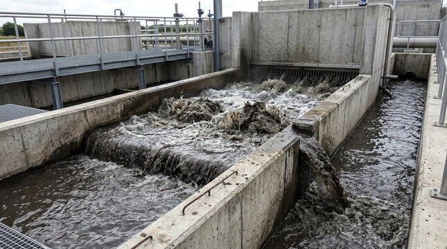 Backwash trough lifting filter media in a rapid sand filter during cleaning