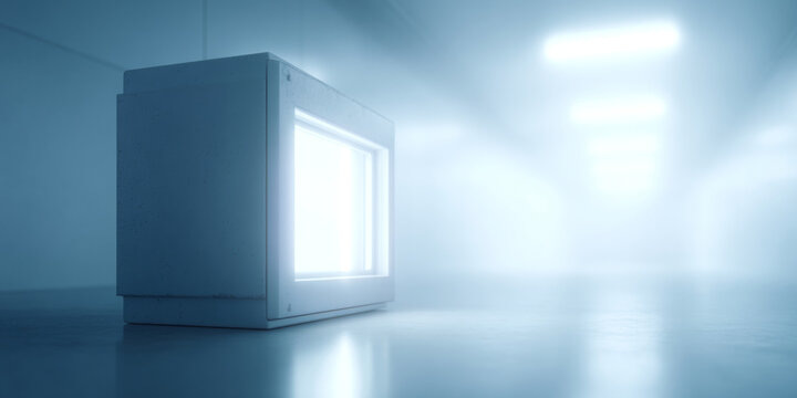 Glowing rectangular light box in foggy room