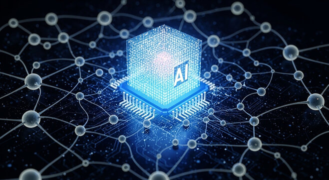 Futuristic AI processor connected to global neural network on circuit board &mdash; quantum computing, artificial intelligence hardware, and deep learning infrastructure