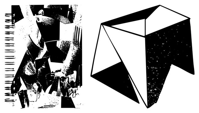 Angular black and white polygon with halftone textures, sharp facets dubbed &ldquo;crystal chunk&rdquo; or &ldquo;geo.&rdquo; Gritty, deconstructed style evokes digital decay and modernist abstraction.