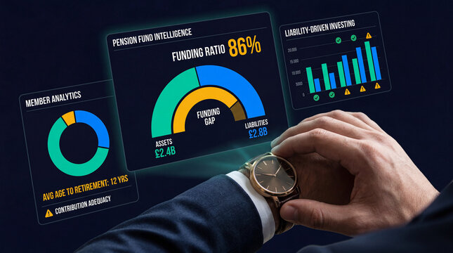Financial executive monitoring pension fund intelligence and liability-driven investing on virtual dashboard &mdash; retirement planning, funding gap analysis, and actuarial analytics