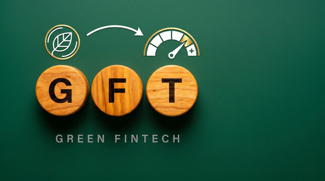 Three natural wood discs spelling GFT with a green leaf coin and impact-meter icon above on a deep emerald background for green fintech and ESG investing.