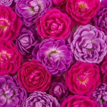 Vibrant Pink and Purple Roses Arranged in Dense Floral Background