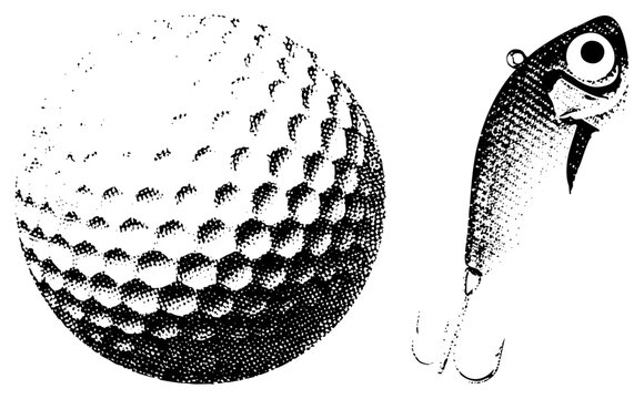 Dimpled golf ball beside a cartoon fishing jig, both in vintage halftone. Green fee meets baitfish lure ideal for sports or angling graphics with retro print texture.