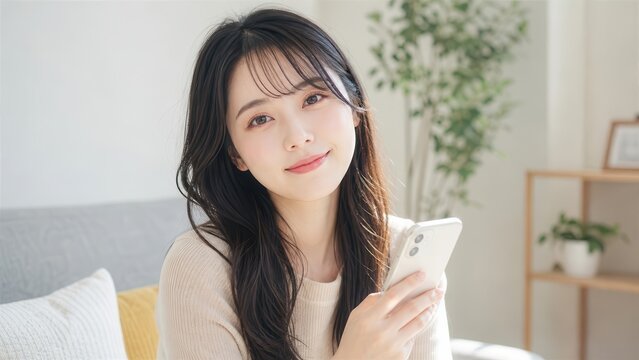 室内でスマートフォンを手に持ち微笑む若い女性