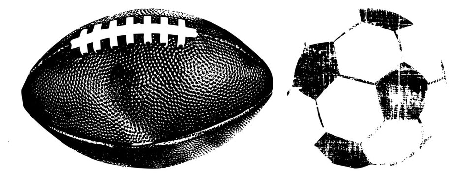 Bold halftone pigskin & football gridiron oval meets pitch rounder. Retro grit ("gridiron egg," "pitch ball") for fan gear, team branding. Great for posters, decals, apparel with vintage muscl
