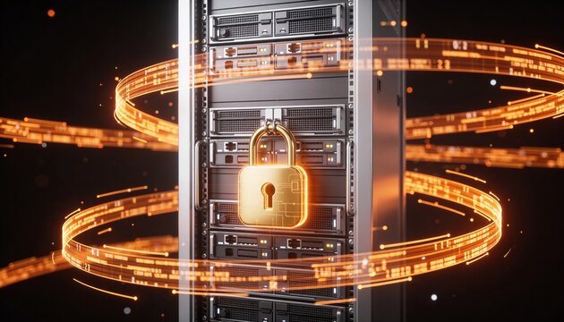 Minimalist 3D render of a premium metallic server rack secured by a radiant gold padlock, floating amber data stream ribbons, dark luxury futuristic background, vibrant digital color scheme, no text