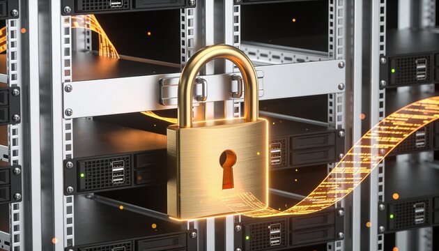 Minimalist 3D render of a premium metallic server rack secured by a radiant gold padlock, floating amber data stream ribbons, dark luxury futuristic background, vibrant digital color scheme, no text
