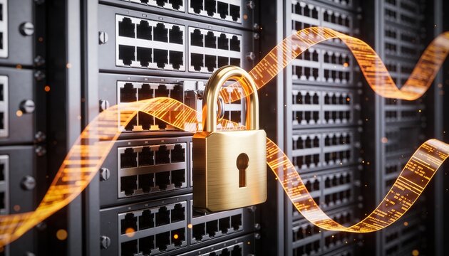 Minimalist 3D render of a premium metallic server rack secured by a radiant gold padlock, floating amber data stream ribbons, dark luxury futuristic background, vibrant digital color scheme, no text
