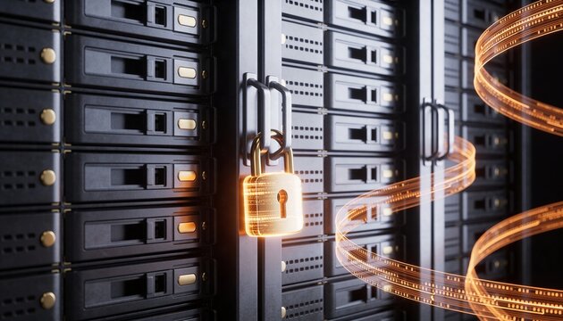 Minimalist 3D render of a premium metallic server rack secured by a radiant gold padlock, floating amber data stream ribbons, dark luxury futuristic background, vibrant digital color scheme, no text
