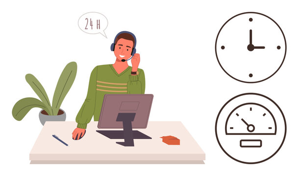 Customer service, 24-hour support, time management, tech assistance, hotline services, efficiency. A man with a headset sitting at a desk near a clock and speed dial symbols. Customer service