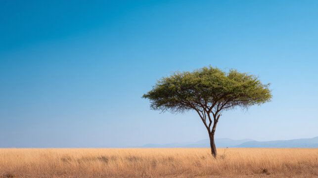 Solitary acacia tree in dry grassland