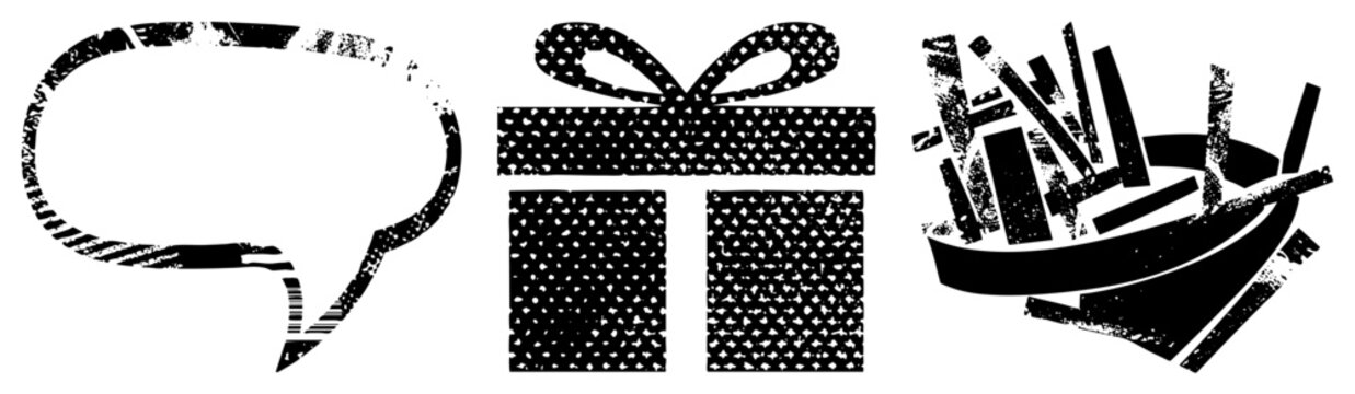 Rugged stamped for chat, gifts, debris &ldquo;chatterbox,&rdquo; &ldquo;giftie,&rdquo; &ldquo;junk heap.&rdquo; Raw, textured glyphs with halftone dots, distressed edges vintage punk vibe ideal for edgy branding or streetwear.