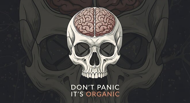 Illustrated Human Skull with Exposed Brain on Dark Organic Anatomy Background