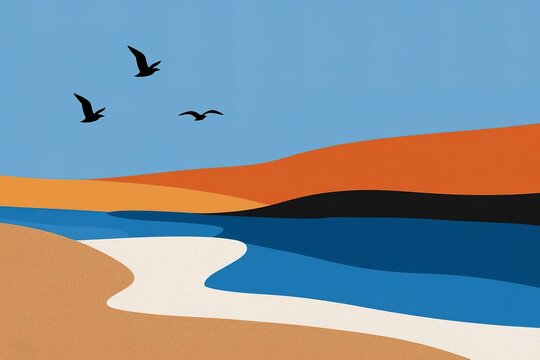 Three Birds Soaring Over Serene Waters and Sandy Beaches
