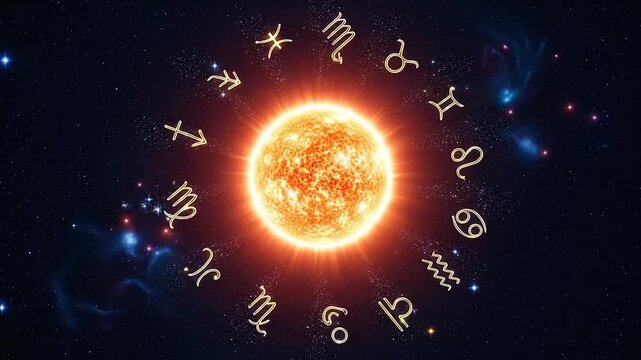 Zodiac signs and glowing sun in space.