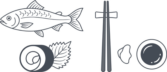 Sushi and sashimi set featuring a whole fish, sushi roll, chopsticks, soy sauce, and ginger for restaurant © Rajib