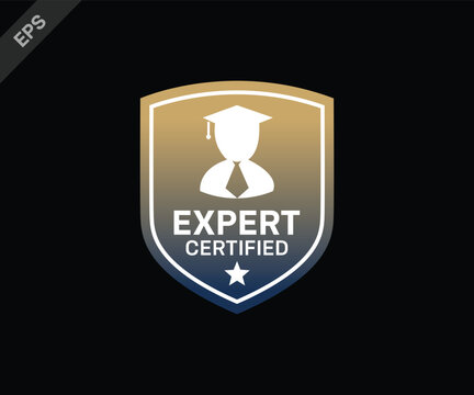 Expert certified shield badge with graduation cap icon, black background