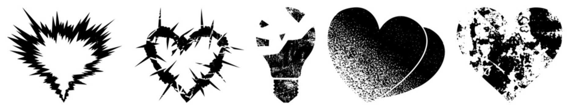 Gritty, high contrast heart shapes broken love, jagged romance. Soul, emotional landmines, ink splattered confessions. Ideal for dark romance branding or punk album art.