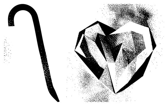 Halftone faceted heart diamond (love rock/sweetheart stone) with a curved swagger stick/cane. Stark black and white contrast evokes vintage print, ideal for romantic or gothic branding.