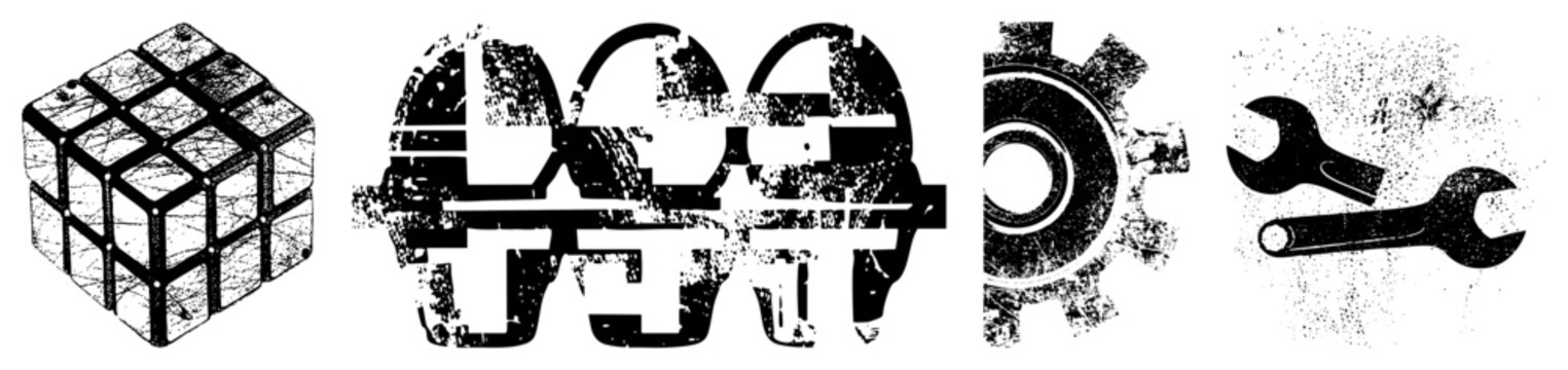 Rugged mech symbols &rsquo;s cube, brain bucket, spanner, cogwheel in gritty halftone. Skid lid meets tech gear. Ideal for edgy branding or industrial posters blending raw texture with problem solving