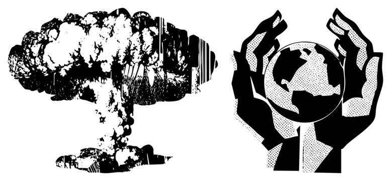 Atomic plume rises beside gentle hands cradling Earth doomsday meets guardian. Stark contrast shouts global peril & protection. Halftone, bold shapes add gritty urgency for activism or design.