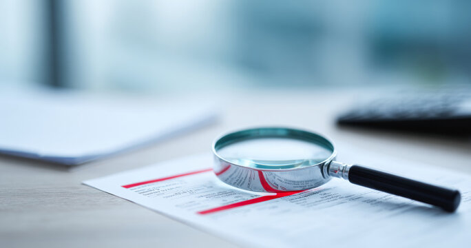 Magnifying glass on document with red highlights