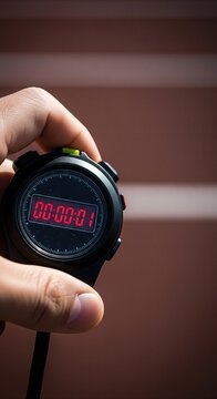 Hand presses stopwatch button, starting race with digital time display in outdoor competitive setting
