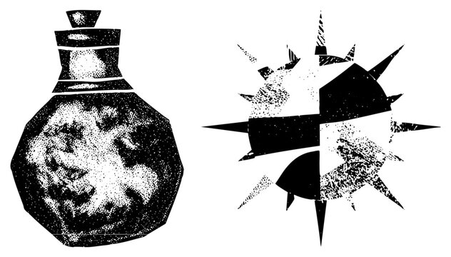 Mystical potion flask (aka witch&rsquo;s brew jar/elixir vial) beside a jagged sunburst sigil rough dotwork, grunge texture. Ideal for occult branding, tattoo flash, dark posters.