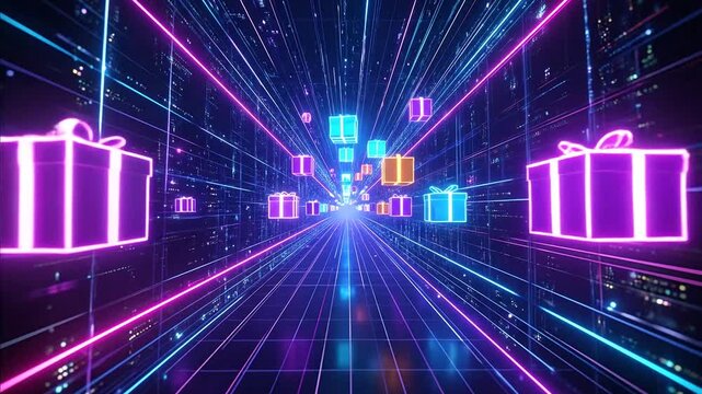Neon lit gift boxes in digital tunnel.