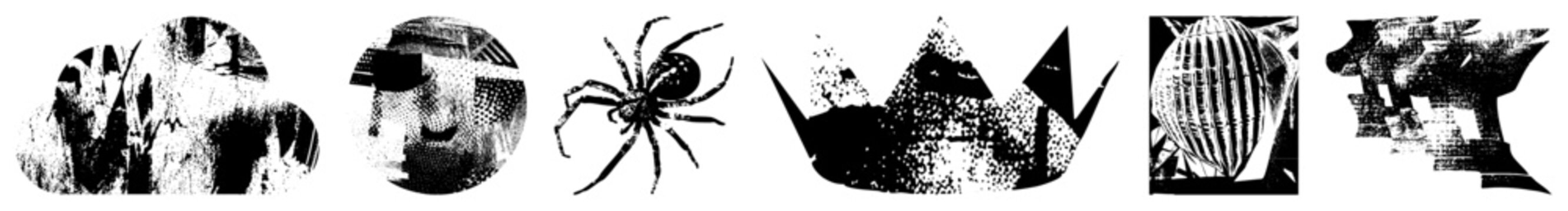 widow spider aka blackie or lady of the night lurks amid gritty halftone (crown, orb, face, cloud). Punk grunge cutouts in high contrast, ideal for edgy branding or tattoo fl