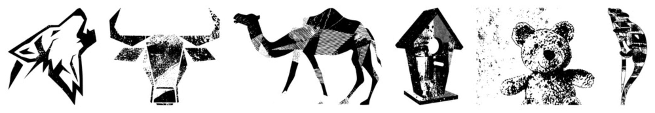 Howling wolf, bull skull, camel, birdhouse, teddy bear gritty halftone/stencil cutouts. Ideal for logos, tattoos, streetwear. Call them critters, totems, or glyphs punchy & versatile.