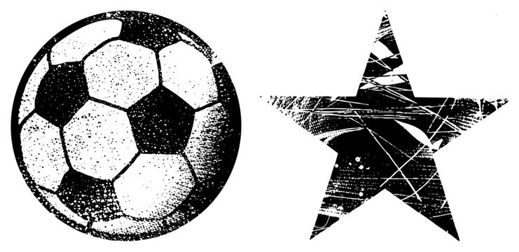 Gritty halftone football (pigskin/booter) with shattered star. Vintage, streetwear vibe ideal for edgy apparel or urban posters. Isolated cutouts for layering.