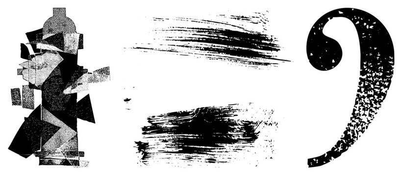 Gritty bass clef (F clef) in distressed halftone with raw brush strokes. Fragmented, deconstructed style evokes urban street art ideal for edgy music branding or punk posters.
