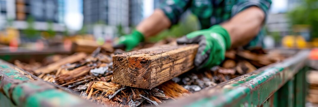 Gloved hands loading wood debris into green construction dumpster with layered waste stream cross section
