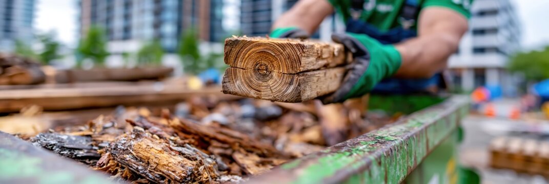 Gloved hands loading wood debris into green construction dumpster with layered waste stream cross section
