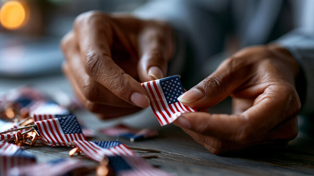 Macro close up of softly defocused hands gently arranging small american flag pins on a bright clean wooden surface with soft daylight flag pins patriotic detail faceless