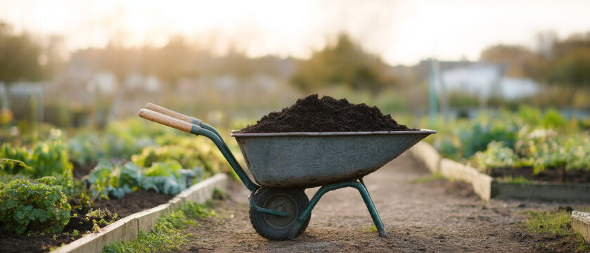 Wheelbarrow filled with soil in garden