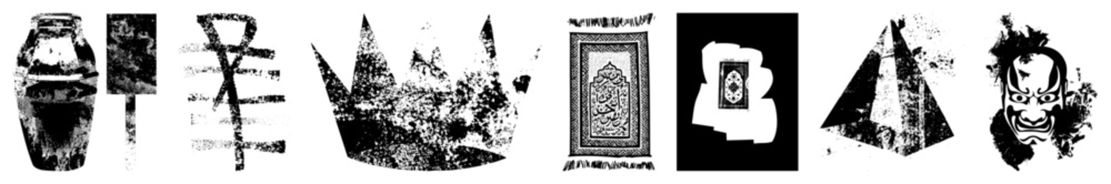 Rugged halftone glyphs crowns,, oni masks, talismans skid lid for, brain bucket for kings. Edgy branding or dark posters blending vintage grit & mystic symbolism.